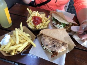 We tried the Schnitzel sandwich and a Shawarma sandwich both with Fries, perfect as we were in a rush!  at Nana Express in Frankfurt