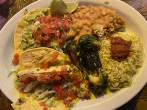 Tofu tacos, Brussels sprouts, rice, beans at Bit & Spur in Springdale