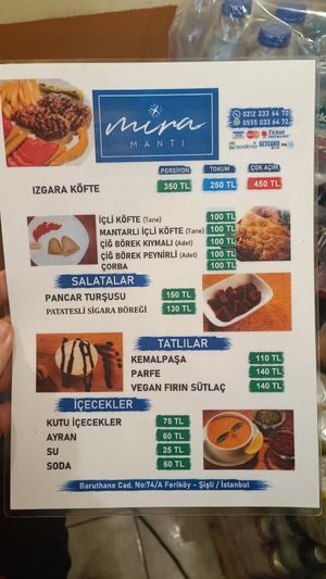 Menu as of March 2025 at Mira Mantı in Istanbul