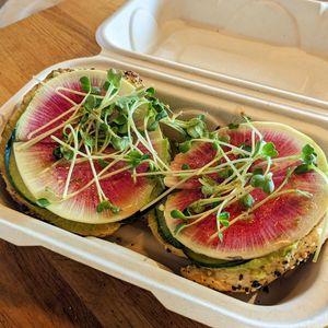 Green goddess avo toast on a gluten free everything bagel 🤤 at Woodgrain Bagel & Deli in Denver