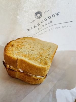 Sourdough bread with tofu cream cheesee  at Woodgrain Bagel & Deli in Denver