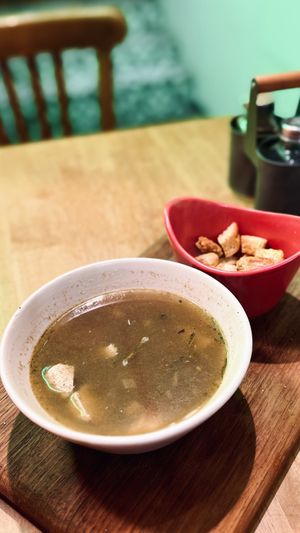 Chicken noodle and croutons at The Vegan Regime in Istanbul