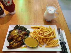 Steak with cafe de paris sauce and almond ayran at The Vegan Regime in Istanbul