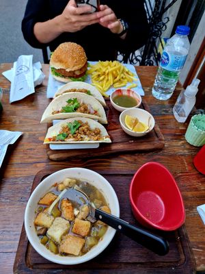 Tacos, Chicken Soup, Crispy Chicken Burger w/ fries at The Vegan Regime in Istanbul