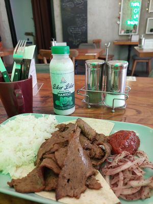 Doner Plate with white rice (329 TL) + Ayran with Mint (99 TL) at The Vegan Regime in Istanbul