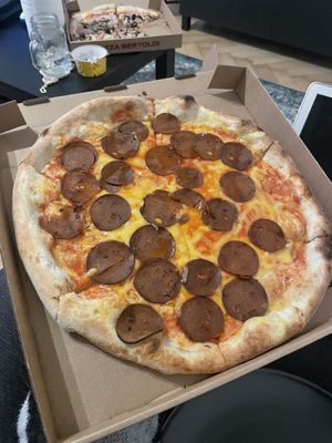 Vegan chorizo pizza, ordered online and still very tasty.  at Pizza Bertoldi in Prague