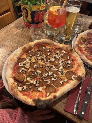 Vegan chorizo pizza with added mushrooms   at Pizza Bertoldi in Prague