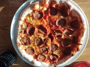 Vegan chorizo pizza at Pizza Bertoldi in Prague