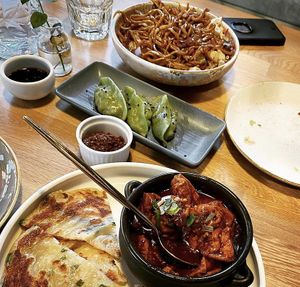 Mapo tofu, fried noodles, dumplings   at Midnight Shanghai in Christchurch