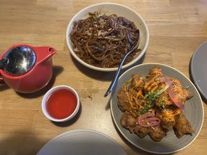 Fruit tea, fried noodles and cauliflower  at Midnight Shanghai in Christchurch