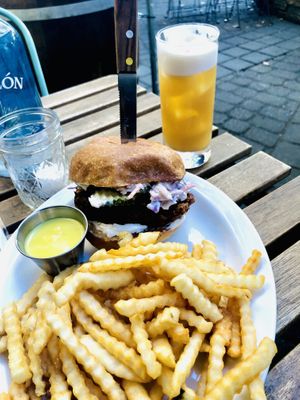 Hot Nashville Chick’n sandwich w/fries and Hunny mustard - and a gin fizz  at South x Northwest in Portland