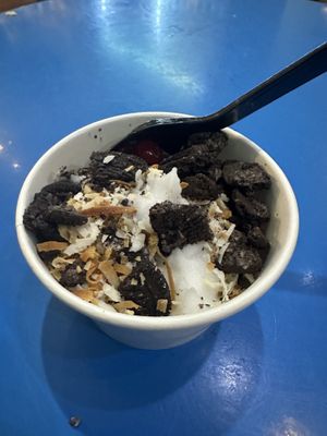 Dairy free coconut soft serve with Oreos and toasted coconut   at Island Time Ice Cream & Frozen Yogurt in Fernandina Beach