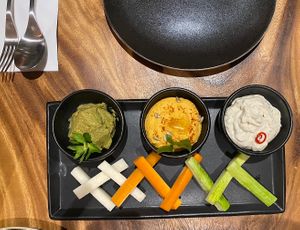 Three colored dip with wild aubergine, hummus and a french inspired cashew dip at Element Vegetarian in Phnom Penh