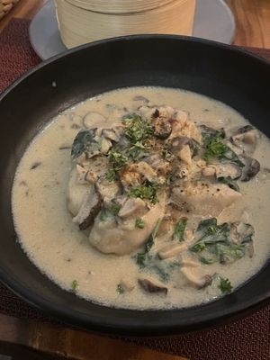 Dumplings in a creamy white wine sauce  at Element Vegetarian in Phnom Penh