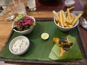 “Fish (jack fruit) & chips"  at Element Vegetarian in Phnom Penh