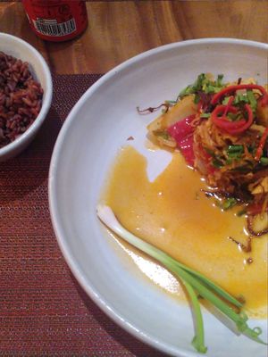 Ginger tofu with rice at Element Vegetarian in Phnom Penh