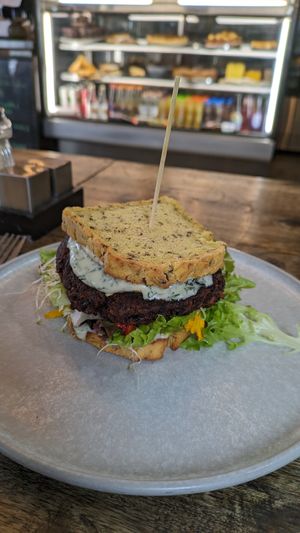 Lulu burger with GF bread and cashew cheese at Lulu's Cafe in Mullumbimby