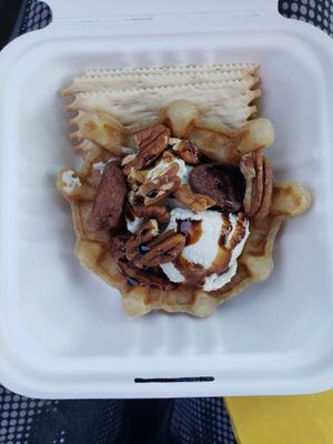 Vegan cheese and waffle bowl with dried fruit, pecans, and a balsamic drizzle.  at The Oregon Cheese Cave in Phoenix