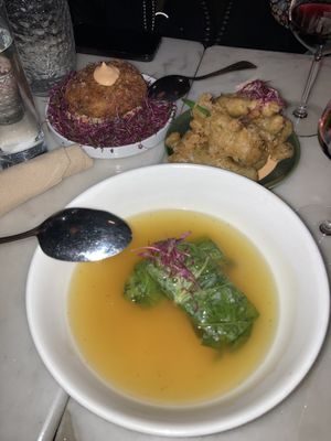 Collard green wraps, palm cake and fried okra  at Cadence in New York City