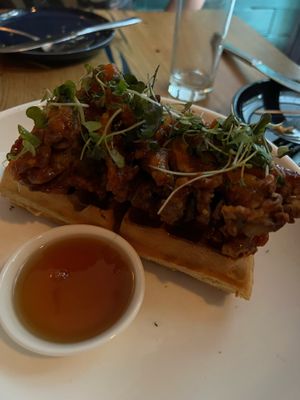 mushroom n waffles + maple syrup at Cadence in New York City