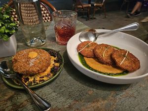 Fried green tomatoes and 'crab' cake at Cadence in New York City