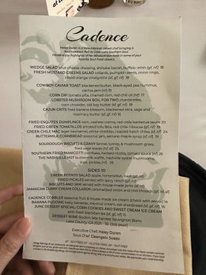 Menu  at Cadence in New York City