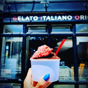 Vegan Nectarine, Chocolate, and Strawberry gelato - so creamy and delicious 💕 at GIO Gelati in San Francisco