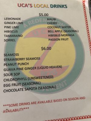 Drinks menu.  I’m a sucker for sorrel but also can’t resist a peanut seamoss!  at Uca's Kitchen & Rastafarian Cultural Center in St Croix