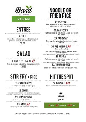 Vegan menu at Basil Thai Kitchen in Hamilton
