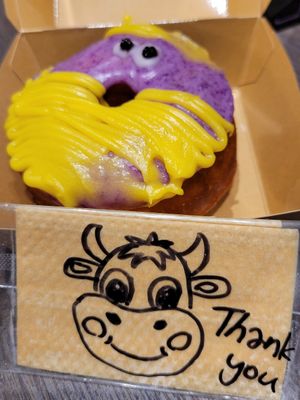 Yummy donut & Sweet HappyCow drawing by the staff at 2foods - Ark Hills in Tokyo