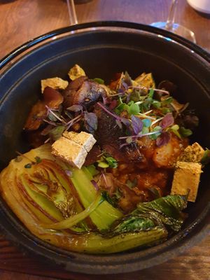 AMA-experience tofu, potato, tomato sauce and the green thing. at Ama Nikkei Restaurang & Rooftop Bar in Helsingborg