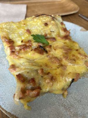 La Vie Bacon and Onion Focaccia - first little snack in Paris and it was so good! An entirely vegan restaurant on our doorstep is amazing 😃  at Land & Monkeys - Pernety in Paris