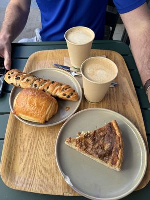 Viennese chocolat, pain au chocolate, quiche Lorraine, oatmilk lattes  at Land & Monkeys - Pernety in Paris