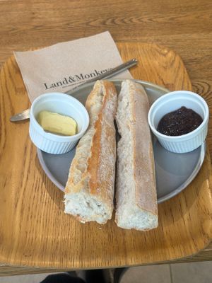 simple Parisian breakfast, baguette, butter and jam, it was very cheap, around 3 eur  at Land & Monkeys - Pernety in Paris