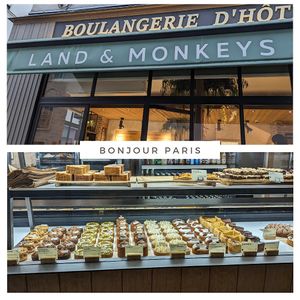 The outside of the shop and the pastries inside at Land & Monkeys - Pernety in Paris