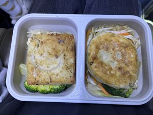 Many veggies and a radish cake + dumpling from outside   at Shou-Yu Vegetarian Buffet in Kaohsiung