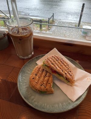 Avocado panini and ice latte  at Coffea in Berlin