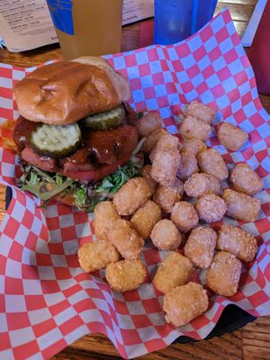 Nashville hot chickpea sandwich and amazing tots! at Off Broadway Taproom in Madison