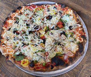 Pizza with all of the Veggies and Violife vegan cheese  at dO wood fired in Irwin
