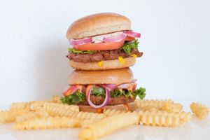 Make it a double with our crinkle cut fries. at Earth Burger - Stone Ridge Market in San Antonio