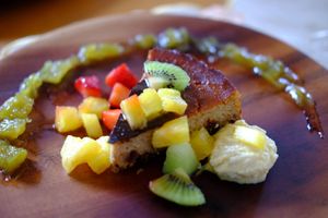 Vegan Cheesecake - the green half-circle of rhubarb jam on the plate was added by me for decoration! at Cafe 36 [Michiru] in Hirosaki