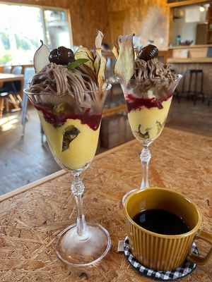 Fall Parfait with chestnut, pumpkin, sweet potato, berry, soy ice cream, cake. Very delicious! at Cafe 36 [Michiru] in Hirosaki