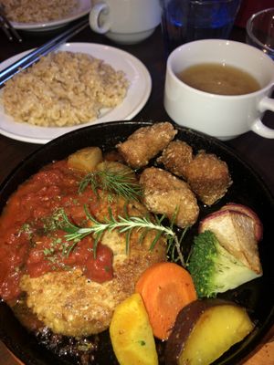 The hamburger set with a few karage too at Rainbow Bird Rendezvous in Tokyo