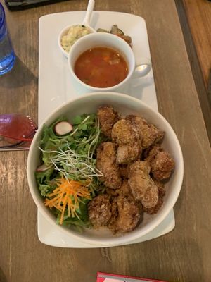 Karage soy meats with minestrone !! Yum at Rainbow Bird Rendezvous in Tokyo