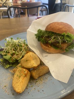 Tempeh burger   at Rainbow Bird Rendezvous in Tokyo