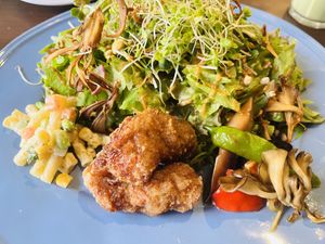 Salad plate with soy meat   at Rainbow Bird Rendezvous in Tokyo