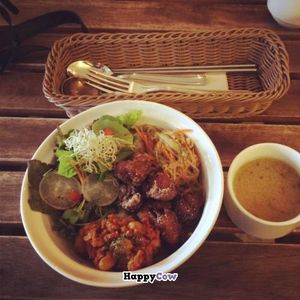 Soy meat with side dishes, brown rice and soup at Rainbow Bird Rendezvous in Tokyo