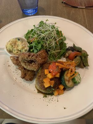 Lunch plate with karage and split pea daal sauce and salad at Rainbow Bird Rendezvous in Tokyo