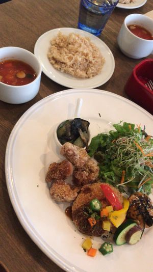 Potato croquette, fried soy chicken, tomato soup and brown rice  at Rainbow Bird Rendezvous in Tokyo