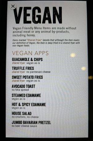 Vegan appetizers menu   at Yard House in Sacramento